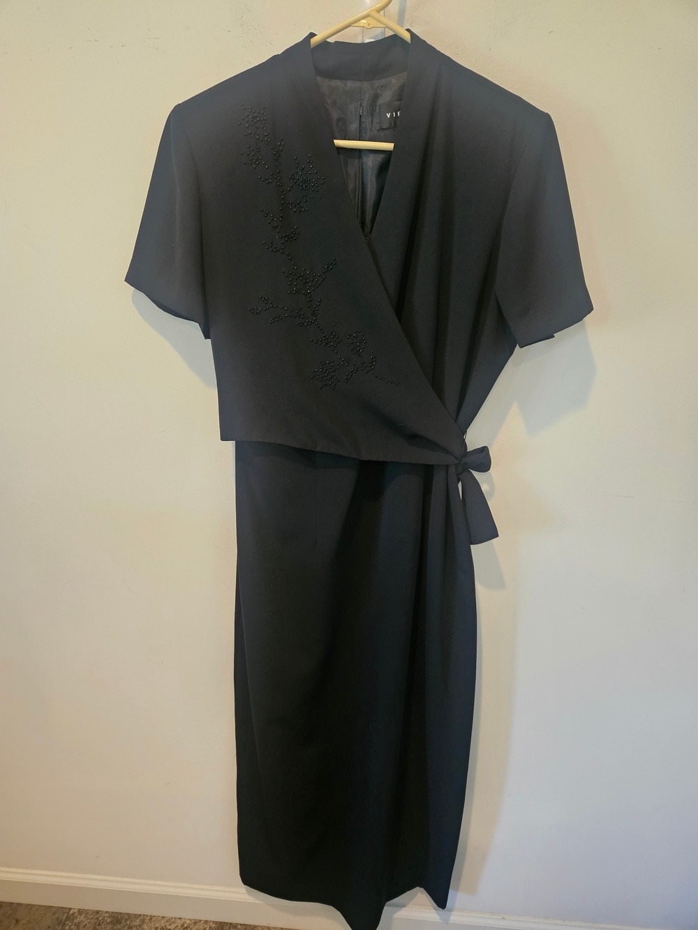 Elegant Black Faux Wrap Maxi Dress with Side Tie Size 14